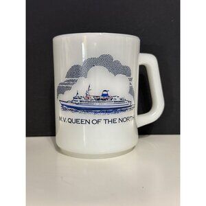 Vintage M.V. Queen Of The North Milk Glass Mug 10 Ounce